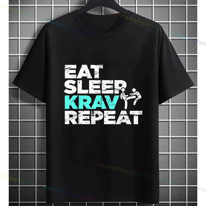 Engraçado "Eat Sleep Krav Maga Repeat" Camiseta gráfica 100% algodão manga curta camiseta casual para treinamento de artes marciais roupa esportiva