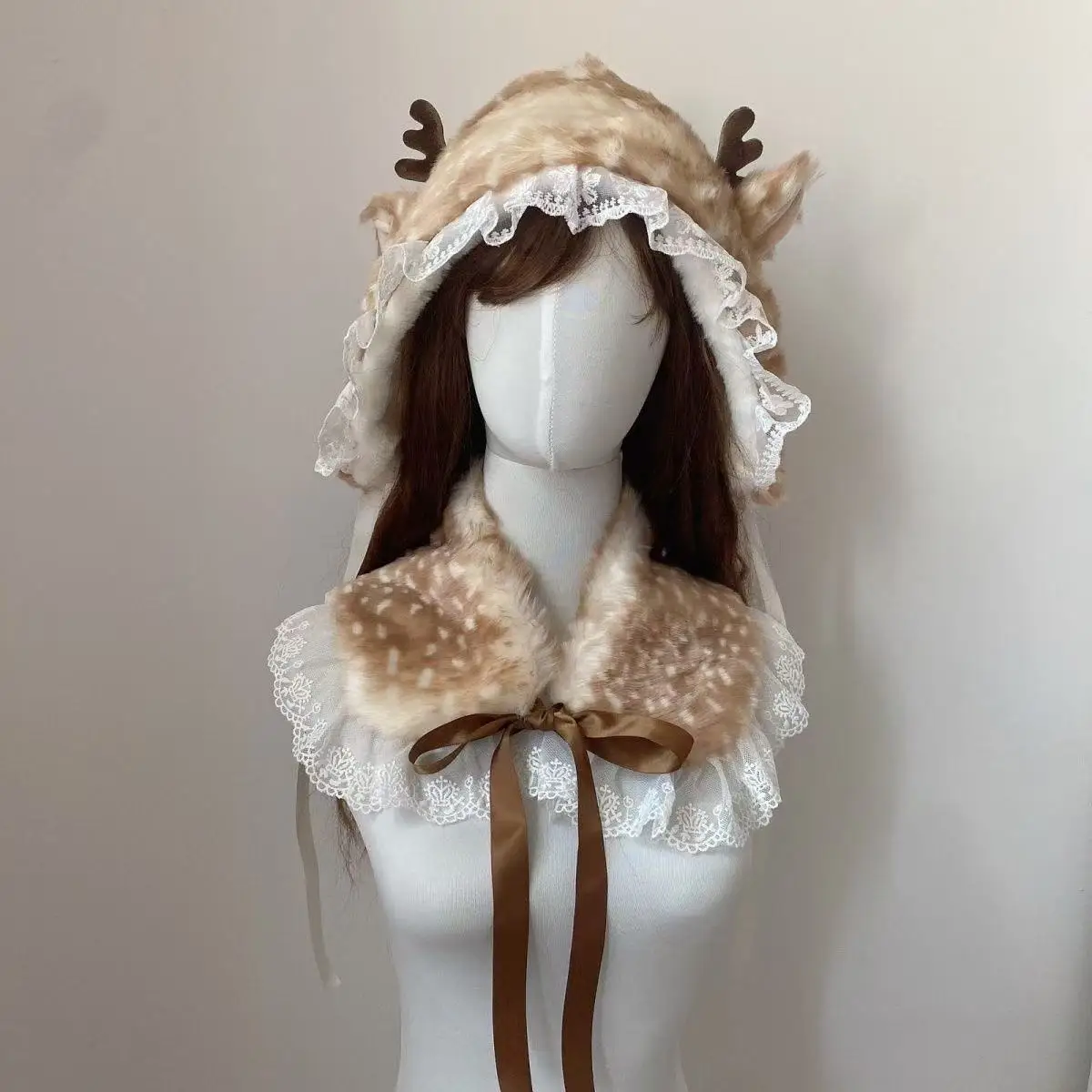 عيد الميلاد لوليتا لطيف الأيائل الدانتيل حافة وهمية طوق اليابانية Kawaii تأثيري الغزلان الوشم اكسسوارات الغزلان الرقبة مريلة هيرباند قبعة