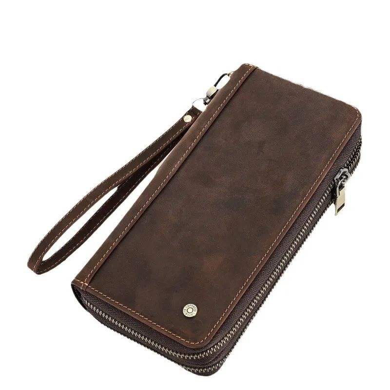 Fashionable British Style Top Layer Cowhide Crazy Horse Cowhide Men's Long Wallet Double Zipper Wrist Strap Carrying Men Wallets