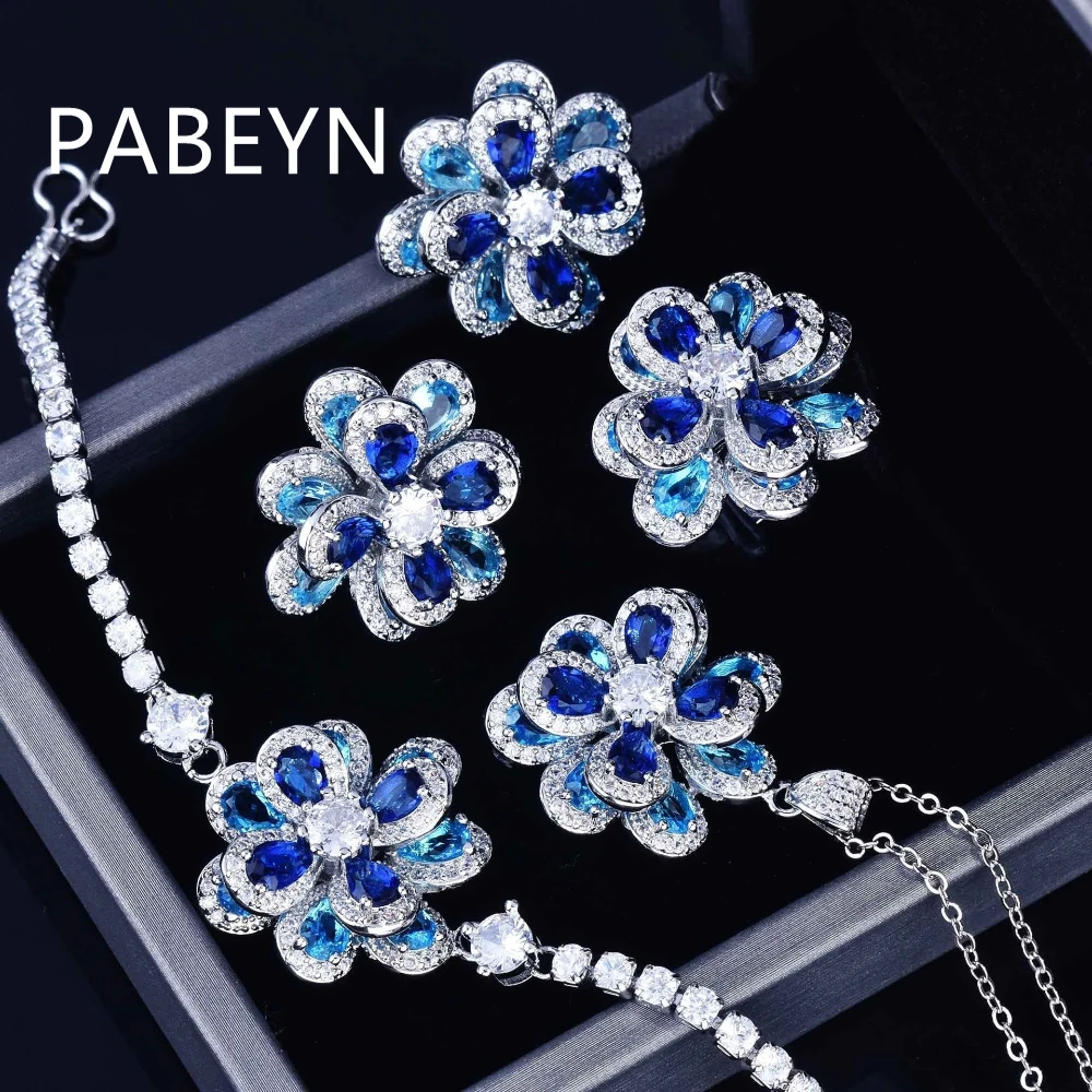 925 Sterling Silver Fashion Temperament Color Zircon Three-dimensional Camellia Necklace, Stud Earrings, Ring, Bracelet Set