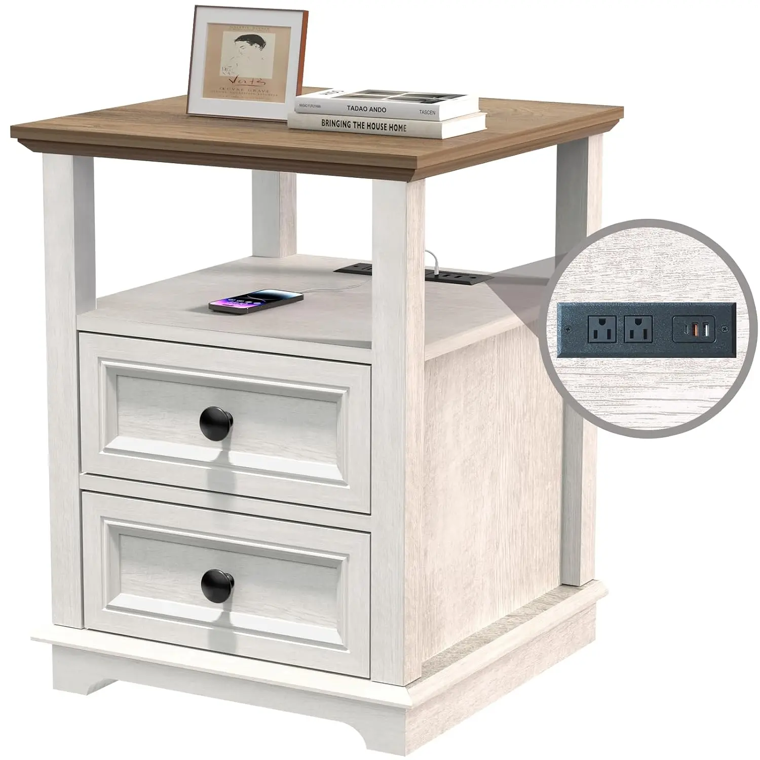End Table with Fast Charging Station & 2 Drawers for Bedroom Living Room, Customized