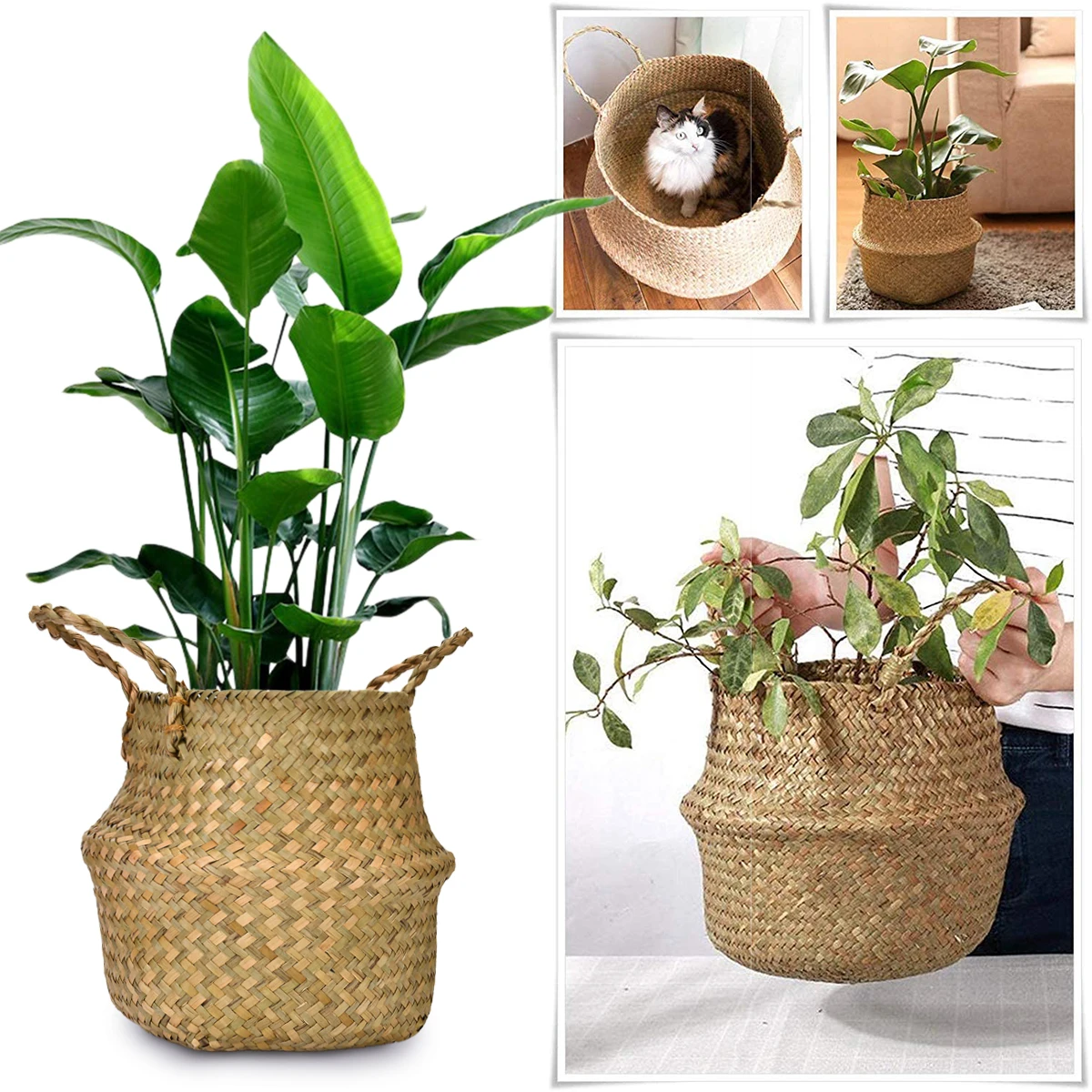 Seagrass Storage Basket Folding Flower Pot Planter Plant Pot Straw Wicker Basket Rattan Laundry Basket Garden Decorative