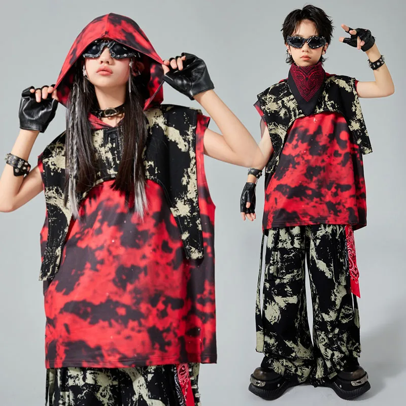 Hip Hop Danskostuums Kinderen Show Jazz Outfit Rode Hoodie Camouflage Broek Kid Mode Kleding Street Dance Wear AMY2421
