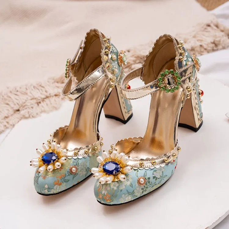 Large Size43 Blue Jacquard Cloth Women Pumps Pearl Crystal Flower High Heels 10cm Ankle Strap Red Wedding Shoes Zapatillas Mujer