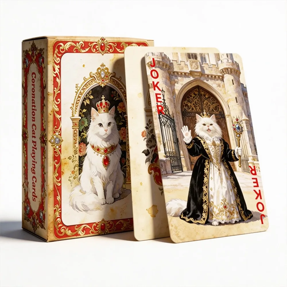 54Pcs Vintage Palace Cute Cat Playing Cards, Smooth Shuffle Professional Poker Card Set for Party Game, Collection & Gift