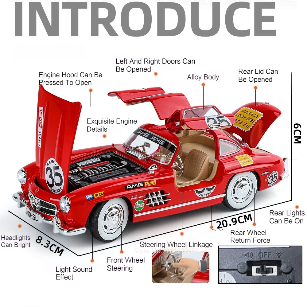 1/24 300SL Vintage Car Model Toys Alloy Diecast Printed Version 4 Doors Opened Rubber Tires Sound Light Pull Back Toy Kids Gifts