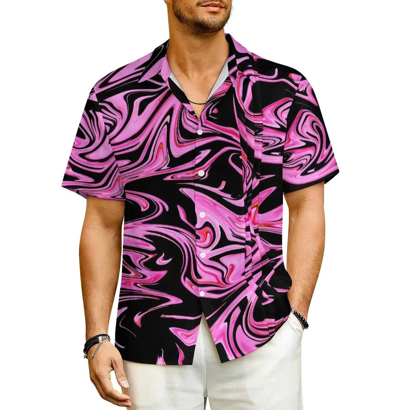 

Marble Beach Shirt Men Pink And Black Liquid Vintage Casual Shirts Hawaii Short-Sleeve Comfortable Design Plus Size Blouses Gift