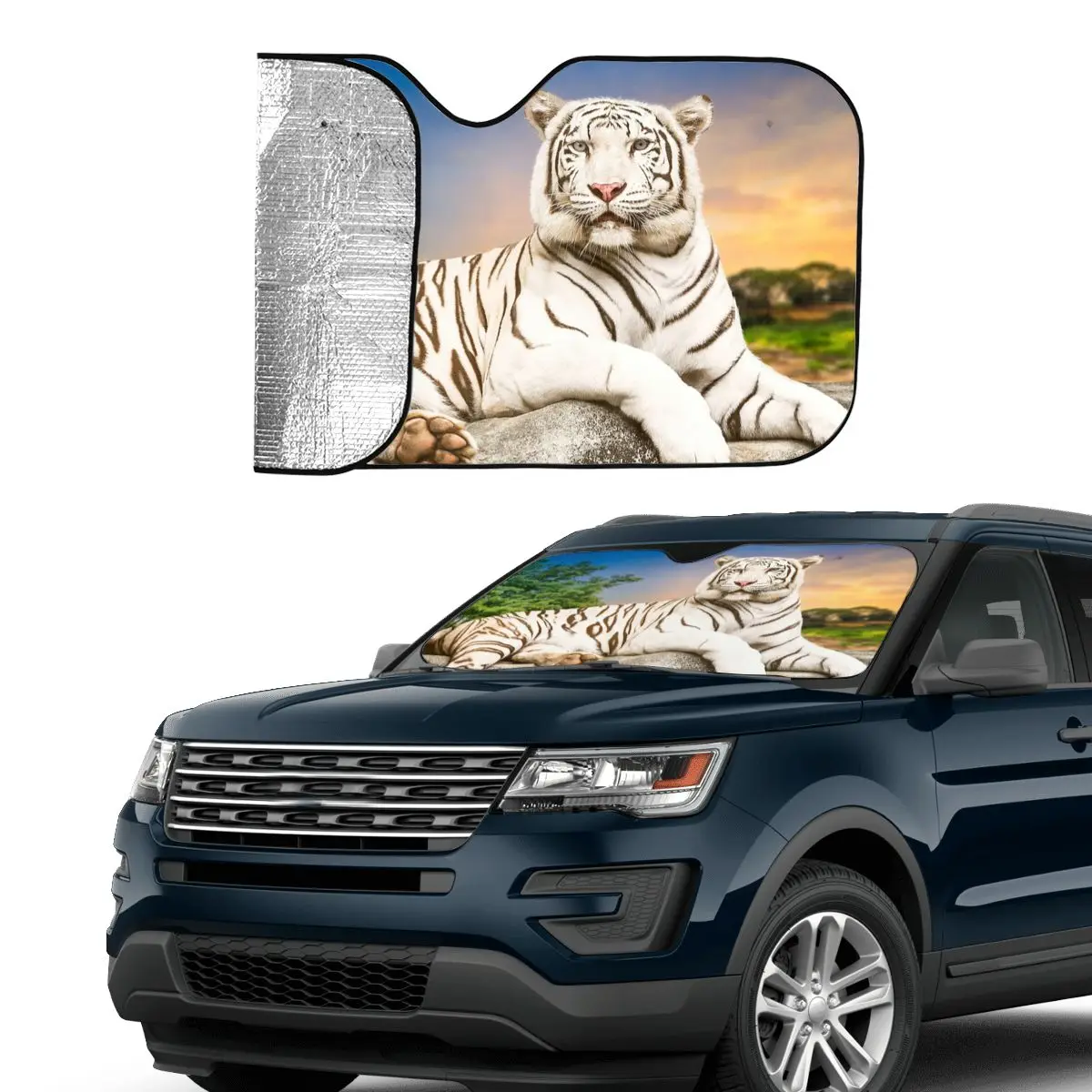 Bengal White Tiger Funny Windshield Sunshade 70x130cm Animal Lovers Foils Sunshade Visor Ice Shield Dust Protection