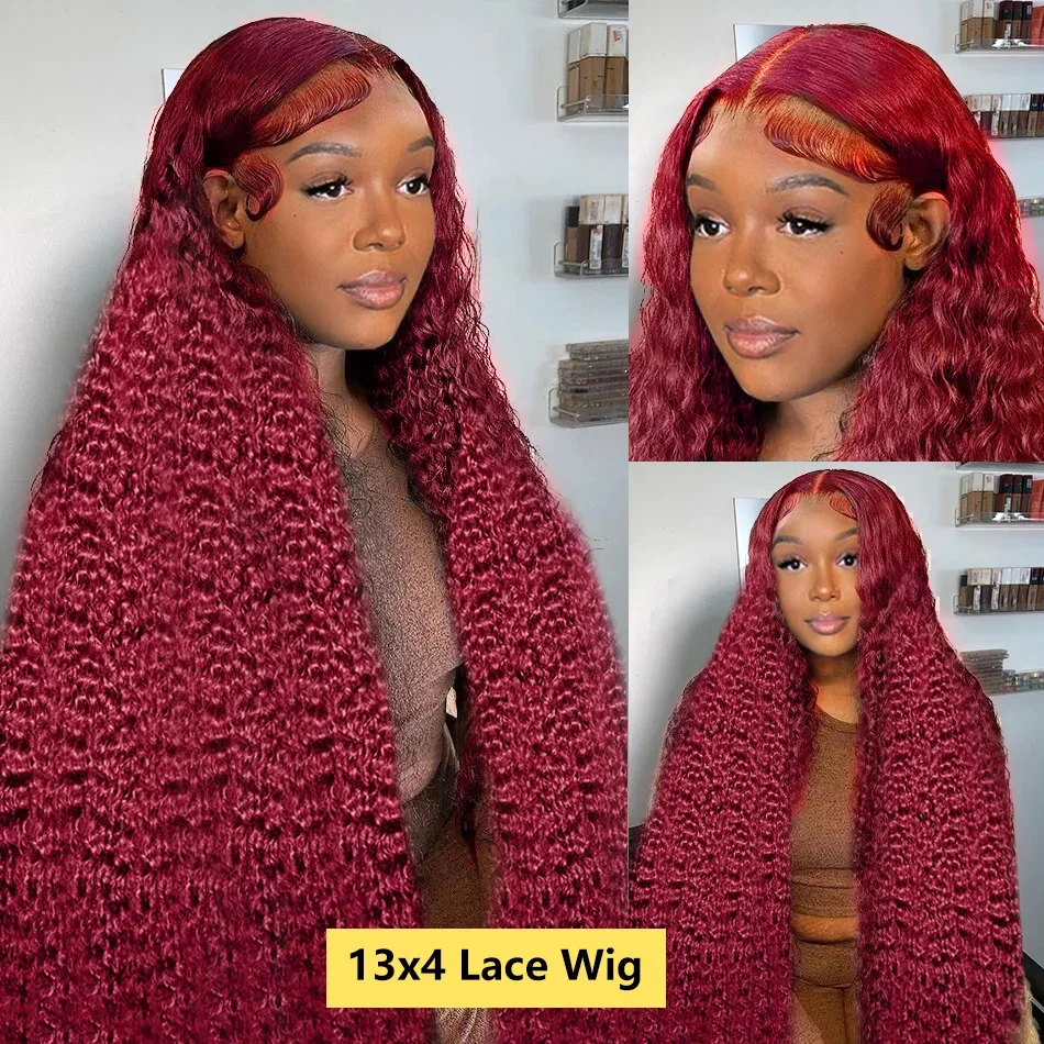 Burgundy 40 Inches 200% Density 13x6 13x4 HD Transparent Invisible Lace Frontal Wig Deep Wave 99J Wine Red Human Hair Wigs For Women Pre Plucked Pre Cut Lace Pre Bleached Knots Pre Styled Brazilian Hair