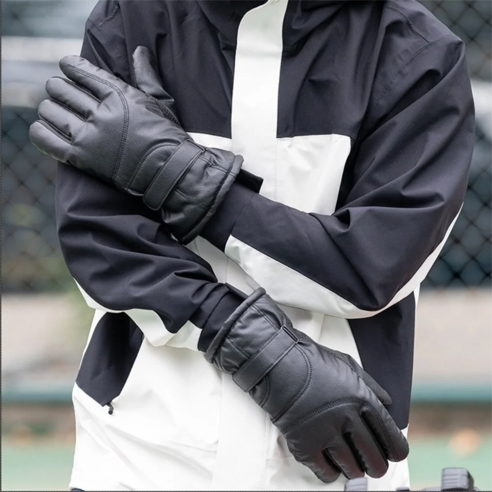 Guantes de invierno cálidos a la moda para hombre, guantes con forro de terciopelo para pantalla táctil de PU, manoplas impermeables a prueba de viento para conducir al aire libre