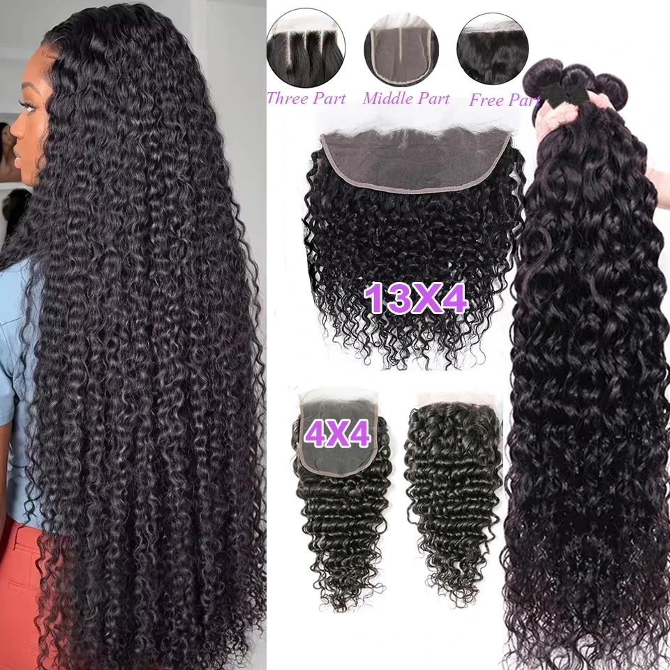 

Наборы волос Deep Wave 26, 28, 30 дюймов с фронтальной частью 13x4 HD Lace, бразильские волосы Remy для чернокожих женщин, комплект с кружевной застежкой и пучками волос