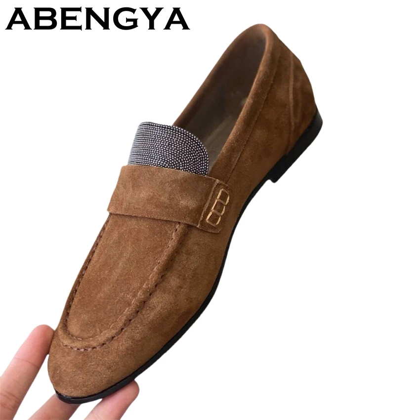 

2025 Summer Suede Leather Flat Loafer Shoes Women Round Toe String Bead Slip On Lazy Loafers Casual Walking Single Shoes Mujer