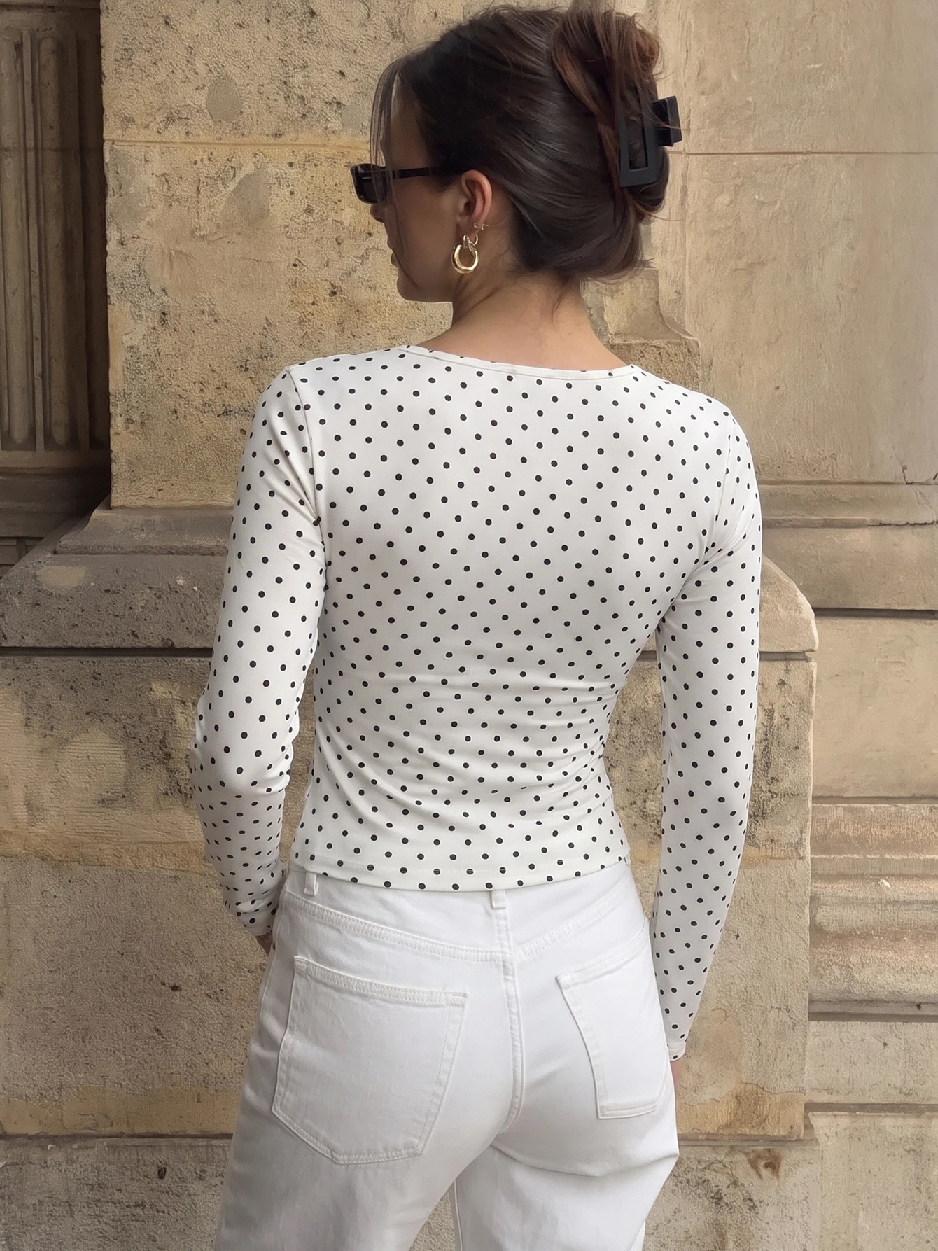 Hugcitar Polka Dot Print Square Collar Long Sleeve Sexy Slim Crop T-Shirt Top Autumn Fashion Women Clothes Party Festival Tees