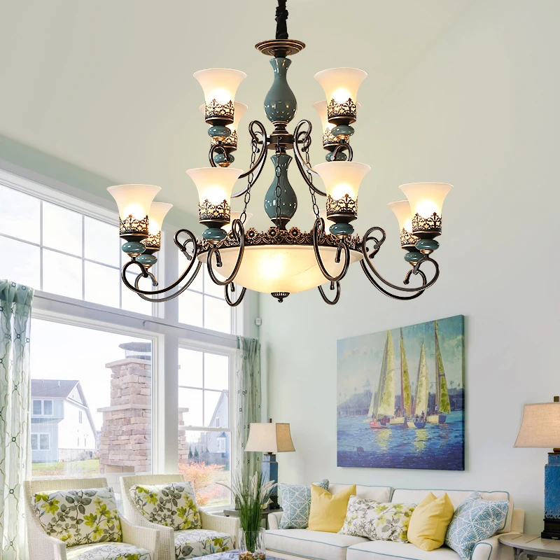 

Ceramic Chandelier Dining Room Bedroom Study European Luxury Atmosphere American Retro Living Room LED Detachable Light Source