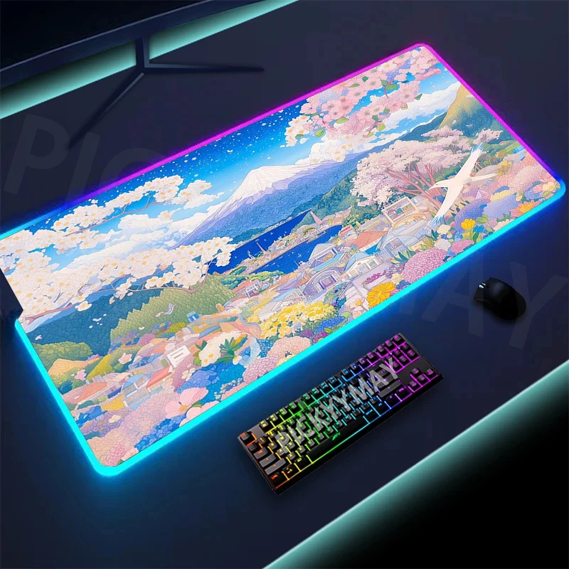 RGB Gaming Mousepad Landscape Pixel Mouse Mats LED Large Gamer Mousepads XXL Keyboard Pads Luminous Desk Mat Mouse Pad Backlit
