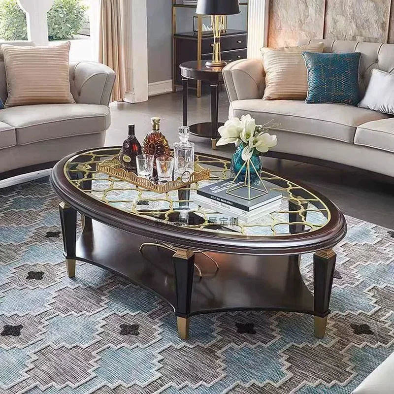 XX American Light Luxury Oval Coffee Table With Glass Top, Solid Wood 2-Tier, Modern Minimalist, Walnut
