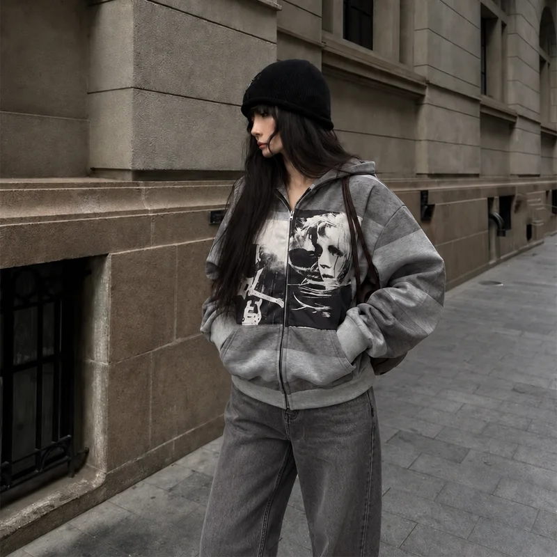 Women's Zip Up Hoodie Gray Striped Portrait Graphic Long Sleeve Oversized Casual Y2K Grunge Streetwear Hooded Sweatshirt Jacket