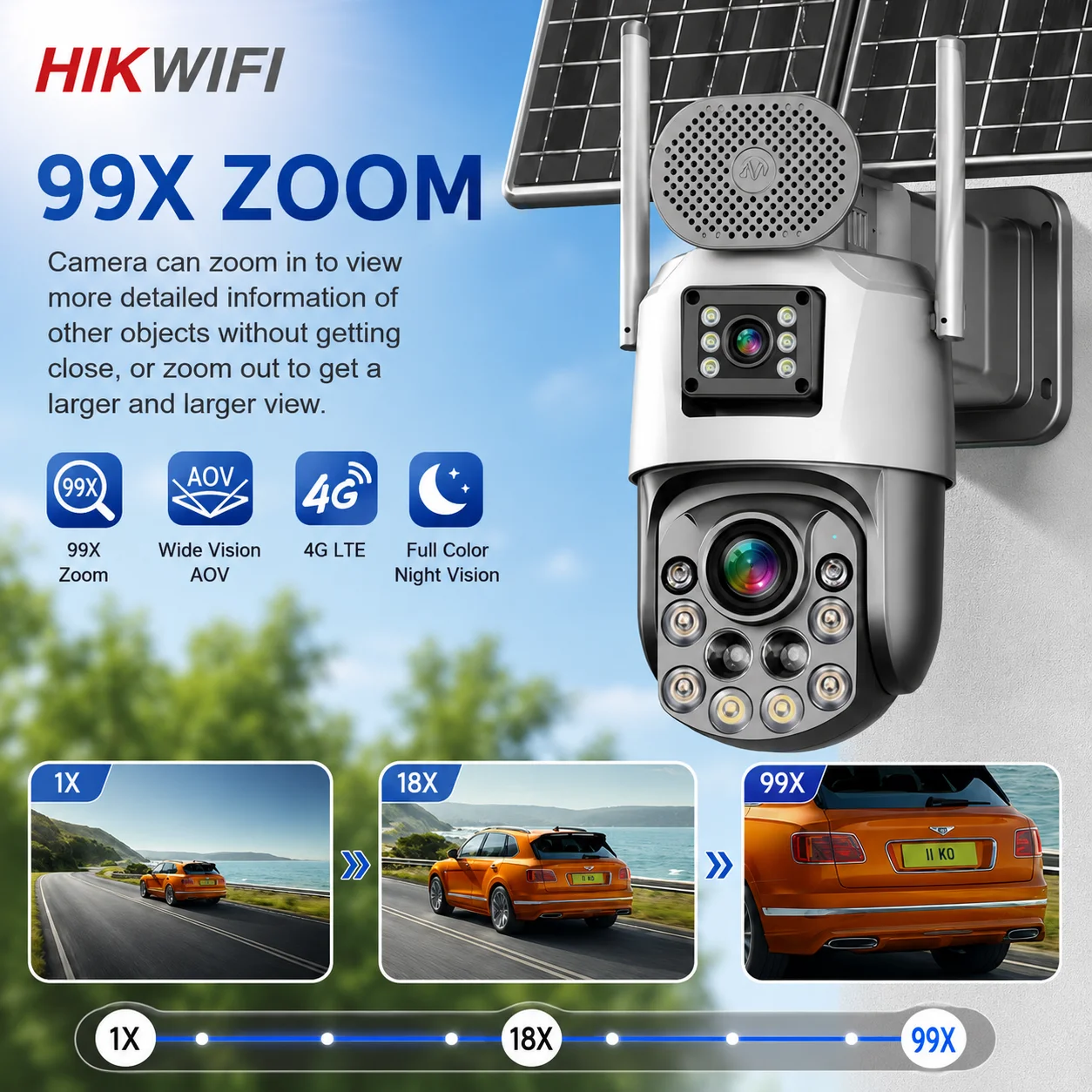 HIKWIFI 8MP 4G/WiFi Optical Zoom Solar Camera Dual Lens 4K 99X Zoom CMOS Built-in Mic PIR Tracking Night Vision Color Security