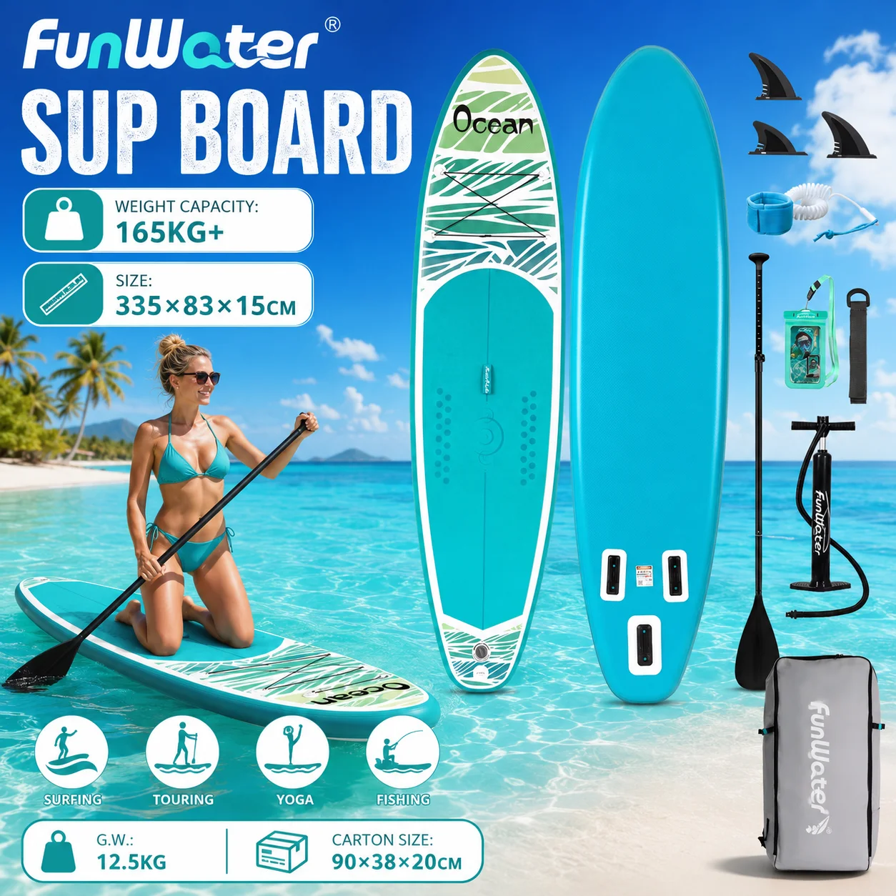 Planche de SUP gonflable FunWater, planche de surf à pagaie antidérapante, planche gonflable robuste pour le surf, la pagaie et toutes sortes de sports nautiques en plein air