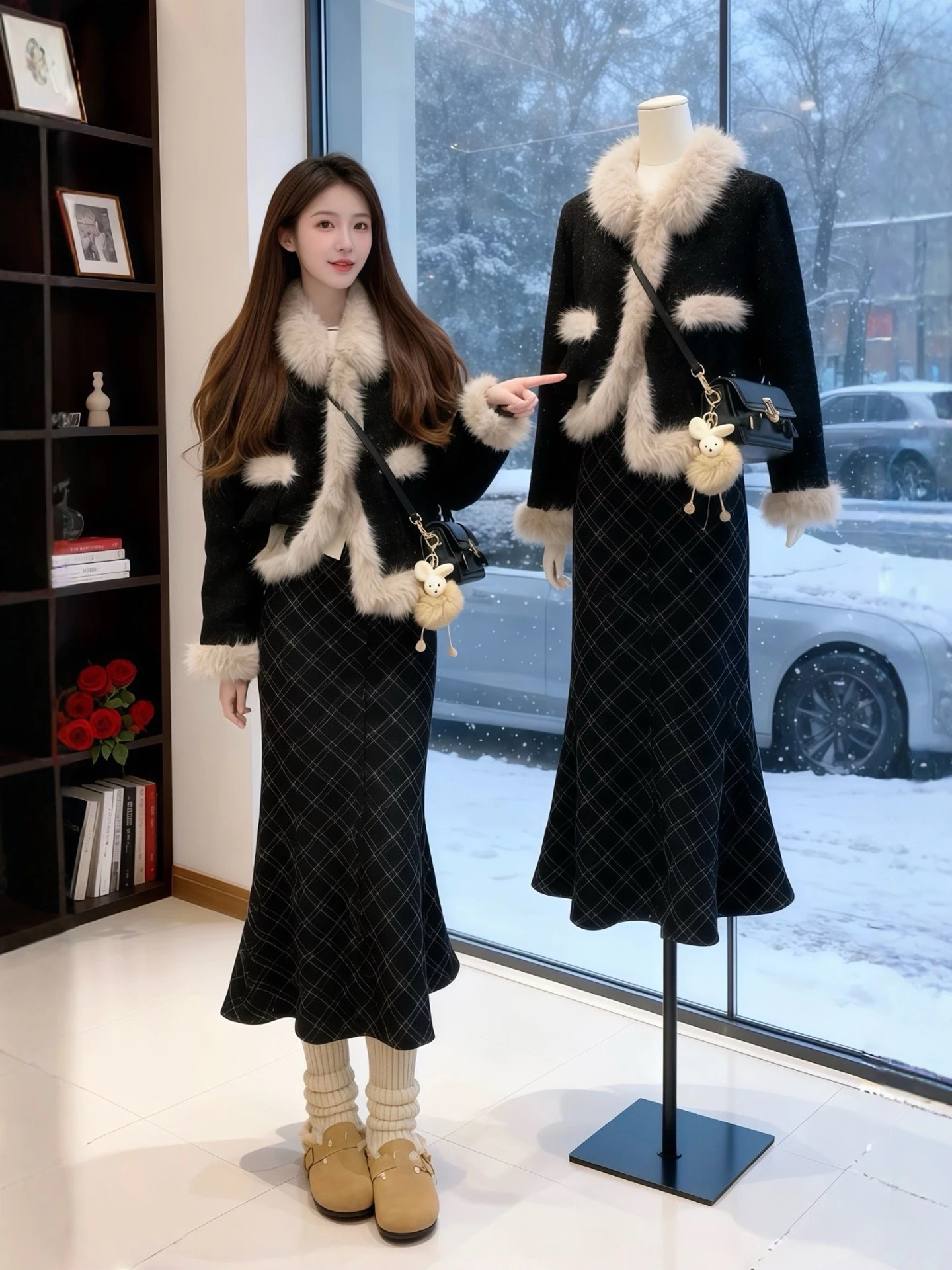 

Furry Coat Plaid Skirt Women's Winter Faion Set High Waist Loose Fit Casual Sle Warm And Unique Ensemble