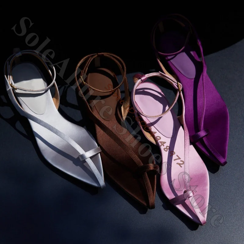 Solid Color Satin Thong Ankle Buckle Flat Sandals High Gloss Elegant Womens Shoes Versatile And Suitable For Womens Dresses