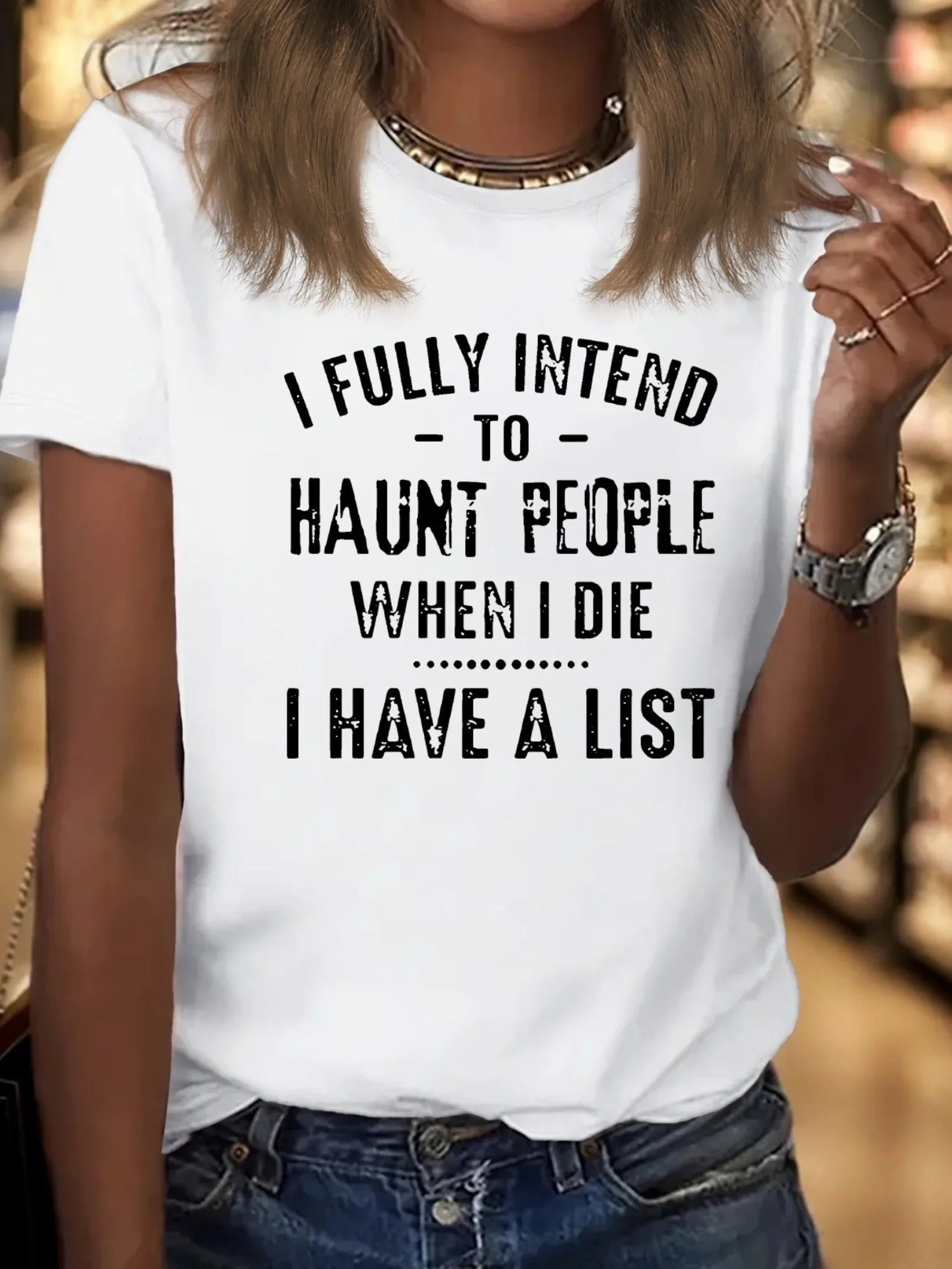 T-shirt girocollo da donna con stampa di lettere HAUNT PEOPLE taglie forti, t-shirt grafica casual e alla moda, top primaverile ed estivo 0XL-4XL