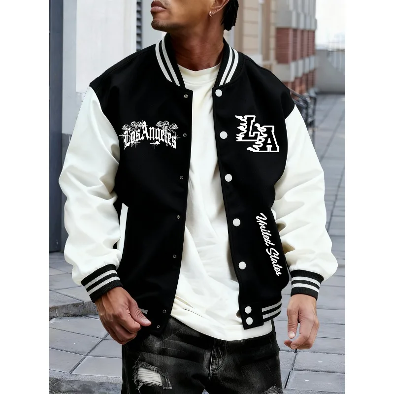 Angel Wings baseball jacket with contrasting sleeves and button closure - stretchy stand up collar loose jacket