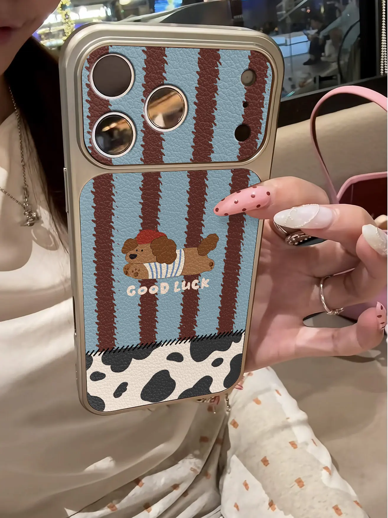 Retro Polka Dot Pony Pferd Imitation 17 Handyhülle für iPhone 13 14 15 16 17 Pro Max 17, stoßfeste Lederhülle mit Beschichtung – Detail 3