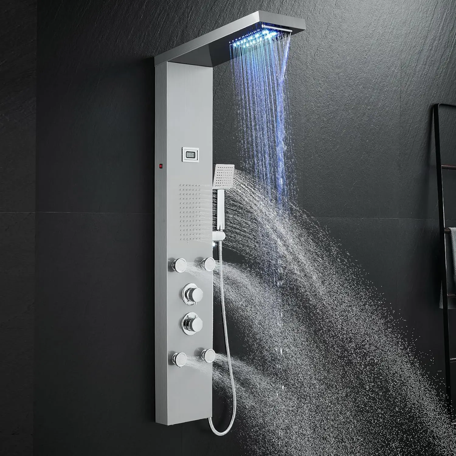 ROVATE Shower Panel Tower System Led Lights Rainfall Waterfall 5 Body Jets Handheld Temperature Display Stainless Steel Brushed