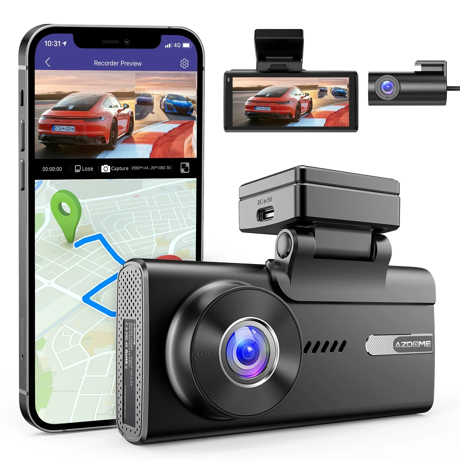 2025 AZDOME M580-2CH 5K ด้านหน้าและด้านหลัง 4K Dash CAM GPS ในตัวรถสีดํากล่องสนับสนุน 2.4G และ 5G WiFi Dash CAM