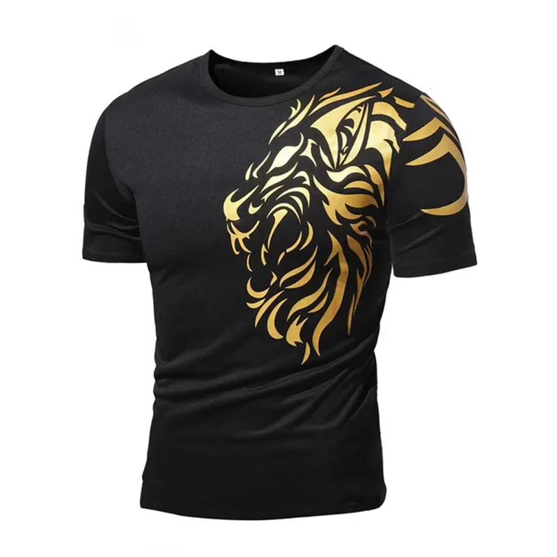 Golden Tiger Head Graphic Print T‑Shirt Men's Summer Short Sleeve Polyester Outdoor Sport Casual Top