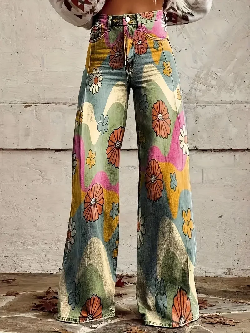 

Plus Size Women's Thin Imitation Denim Bell-Bottom Pants with Sunflower and Daisy Flower Print Elastic Belt and Diagonal Flap Pocket Pantss, Comfortable and Fashionable in All Seasons