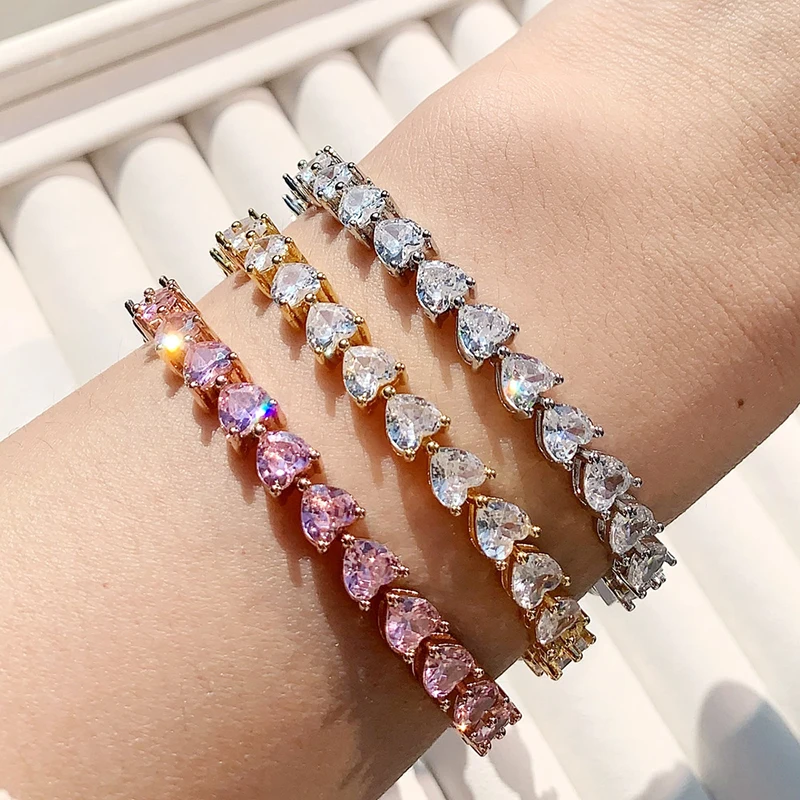 Hip Hop 5A+ CZ Stone Paved Bling Iced Out Hearts Link Chain Bracelet for Men Women Rapper Jewelry Rose Pink Gold Silver Color