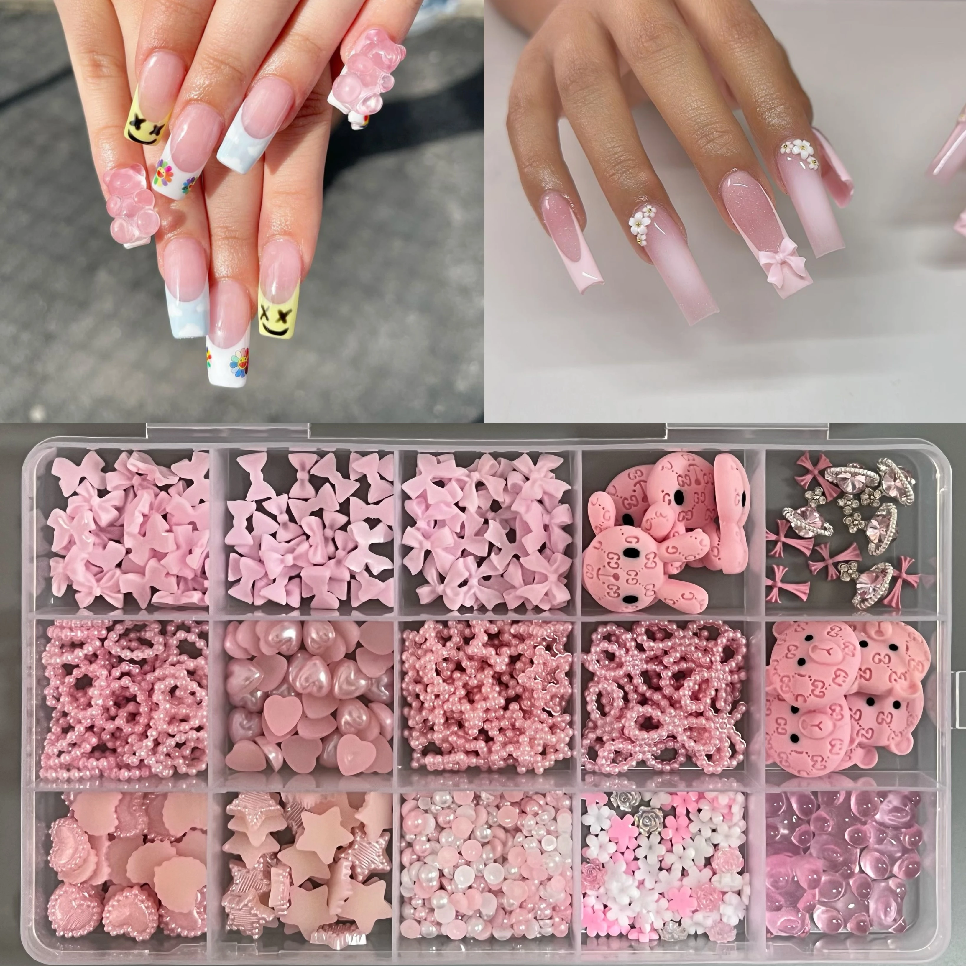 Professionelle Versorgung 900 Stücke Mix Dopamin Dressing Harz Bogen Perle Herz Edelstein Kawaii Schönheitssalon Lange Nail art Dekoration Charms