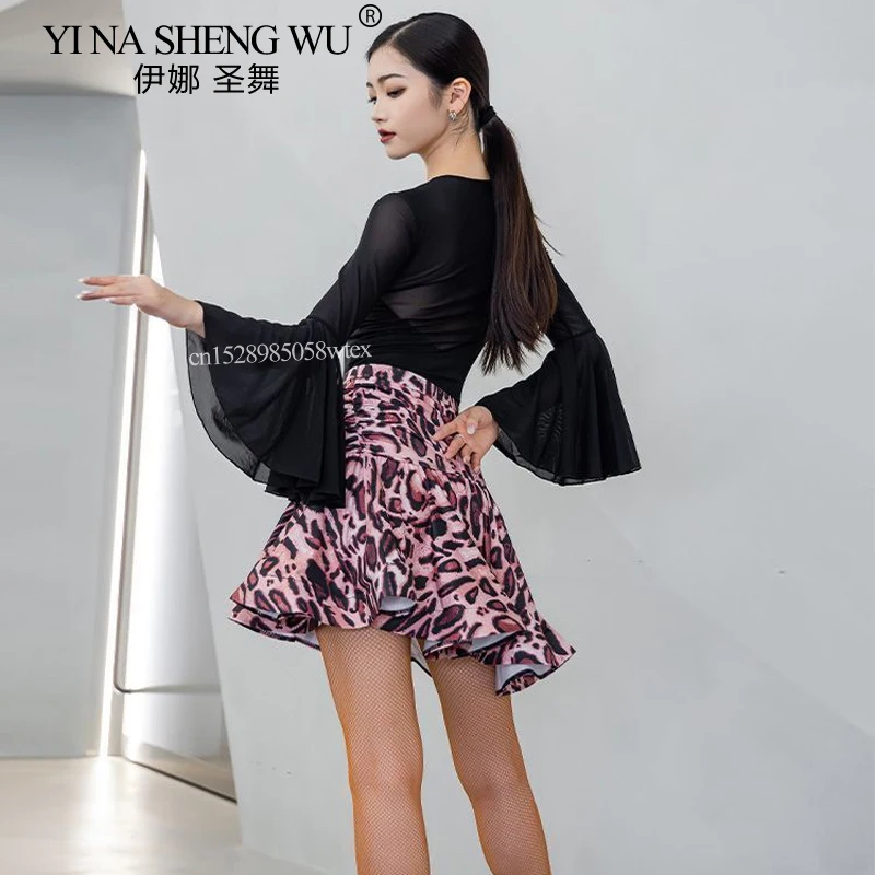 여성용 라틴 댄스 탑 국가 표준 라틴 댄스 연습 대회 플레어 슬리브 점프수트 룸바 차차 공연 탑