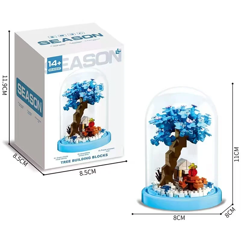 Casa del árbol de las cuatro estaciones, vista a la calle, bloques de construcción en miniatura, modelo de ladrillo de construcción, regalos de la serie de decoración del hogar, kawaii