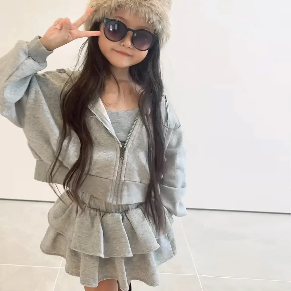 2026 Autumn Girls Sun Coat Cardigan Hooded Jacket + Shorts mini Skirt Teenager Children Set 2-7Year