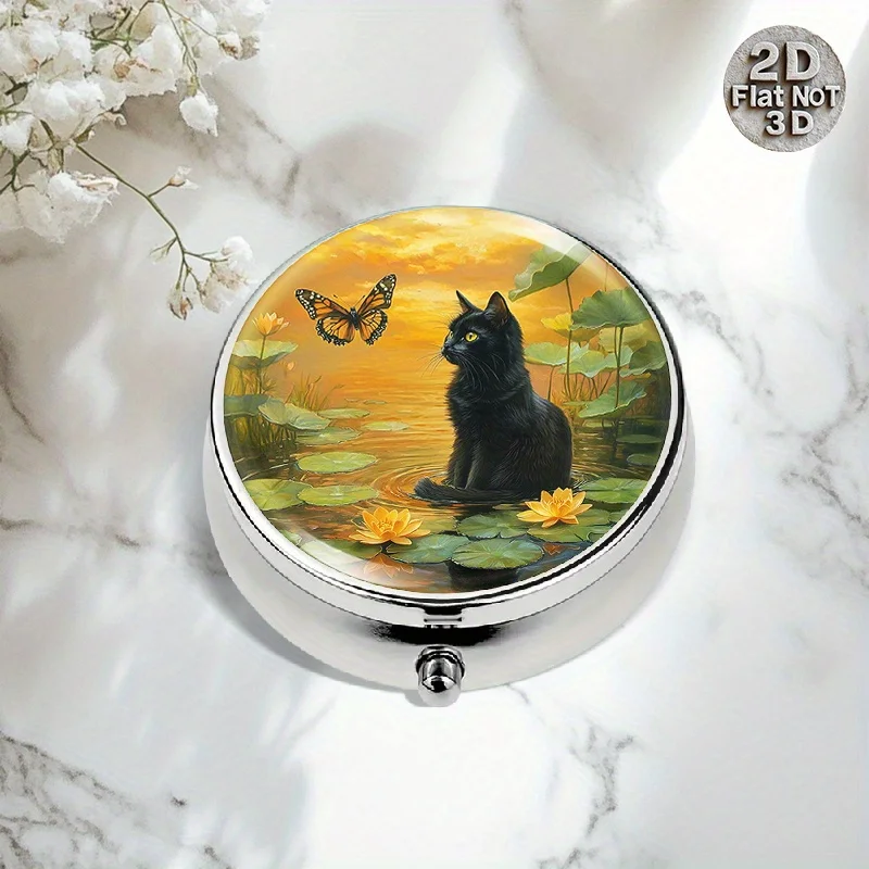 1 portable round metal pill box - featuring a serene pond scene with a black cat and lotus flowers, made of food-grade stainless steel, convenient for organizing daily medication while traveling, suitable as a gift, portable pill organizer, with bright artistic patterns, flat design, medical accessory, high-quality craftsmanship, compact pill box, for medical users, flat