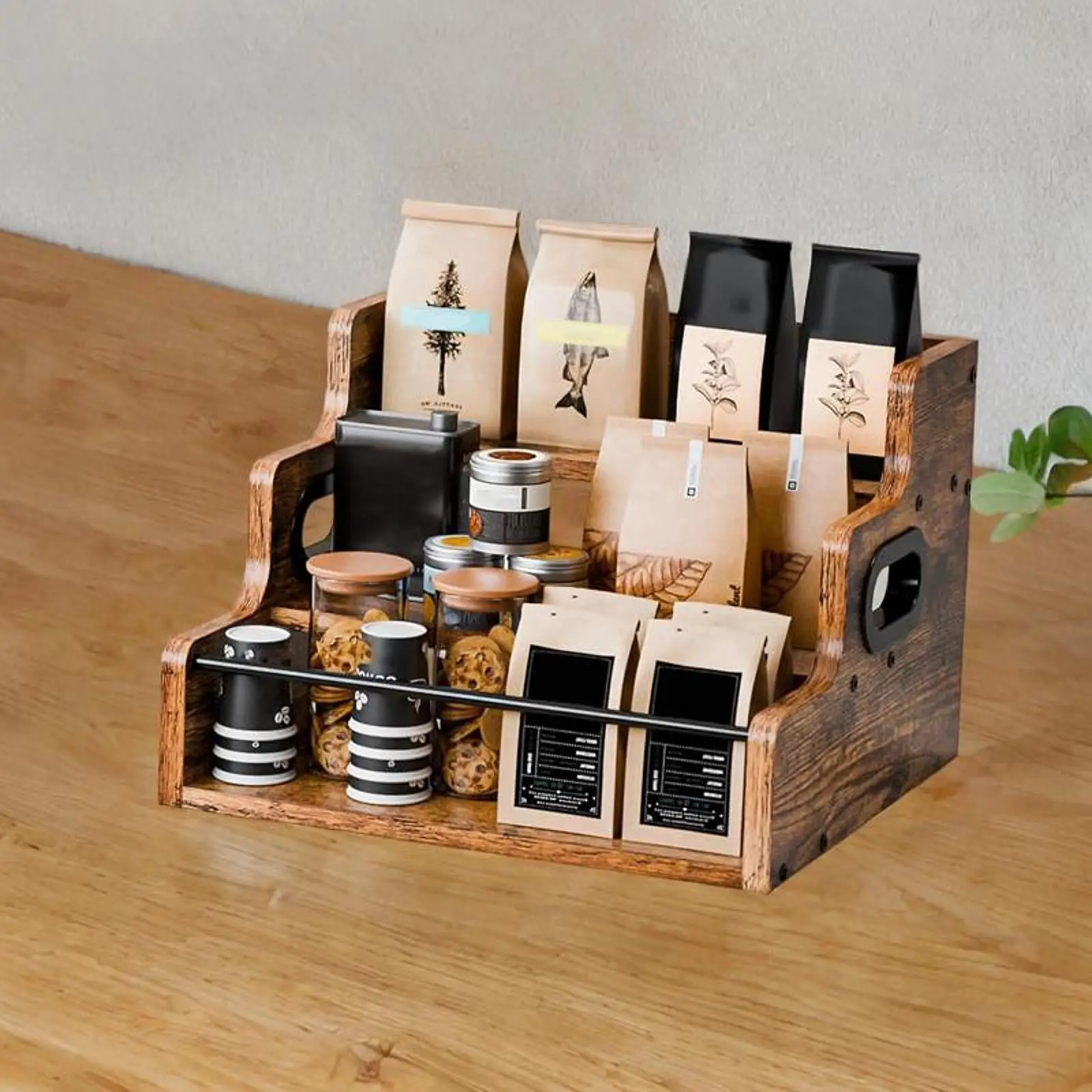

Wine Rack Wood 3-tier Decorative Coffee Syrup Rack Organizer Wine Organizer for Coffee Bar Countertop Pantry Living Room Cabinet