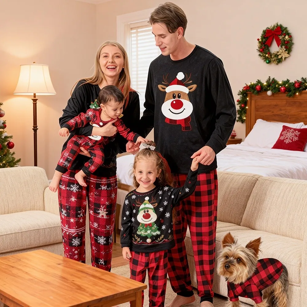 

Новые рождественские одинаковые комплекты для всей семьи с мультяшным принтом оленя, домашняя одежда для взрослых и детей, мягкий свободный рождественский пижамный комплект для папы и мамы