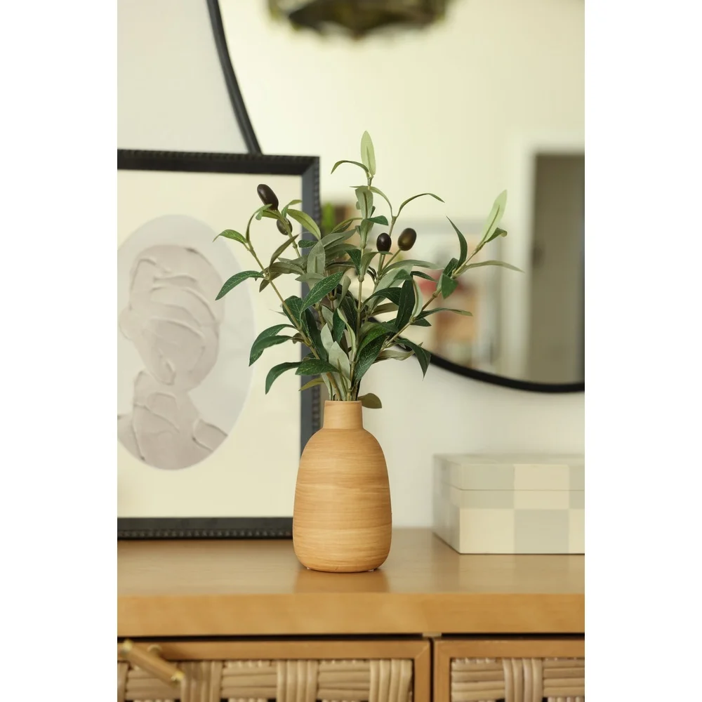 15 Inch Artificial Olive Plant in Wood Finish Ceramic Vase Lifelike Tabletop Decoration Elegant Home Office Accent Piece