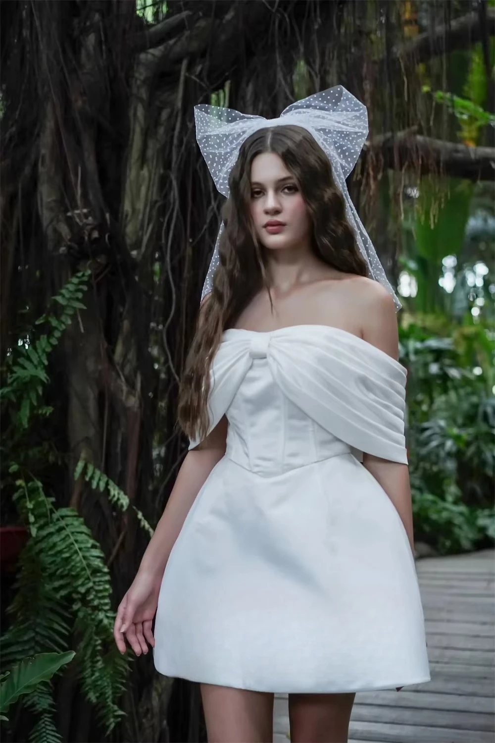 Customized Women Off Shoulder Short A-Line Bridal Gown Big Bow Detail Pleated Bodice Dress For Wedding Reception Elopement Event