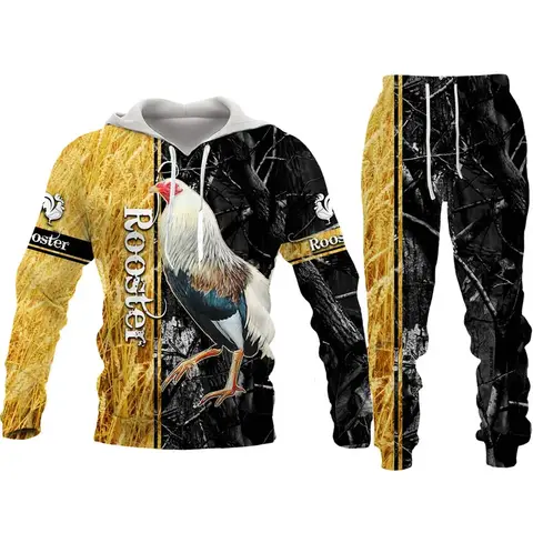 Animal 3D Print Men Hoodies Set Rooster Hunting Camo Cock Harajuku Man Hoodie+Pants Two Piece Set Fashion Casual Loose Tracksuit