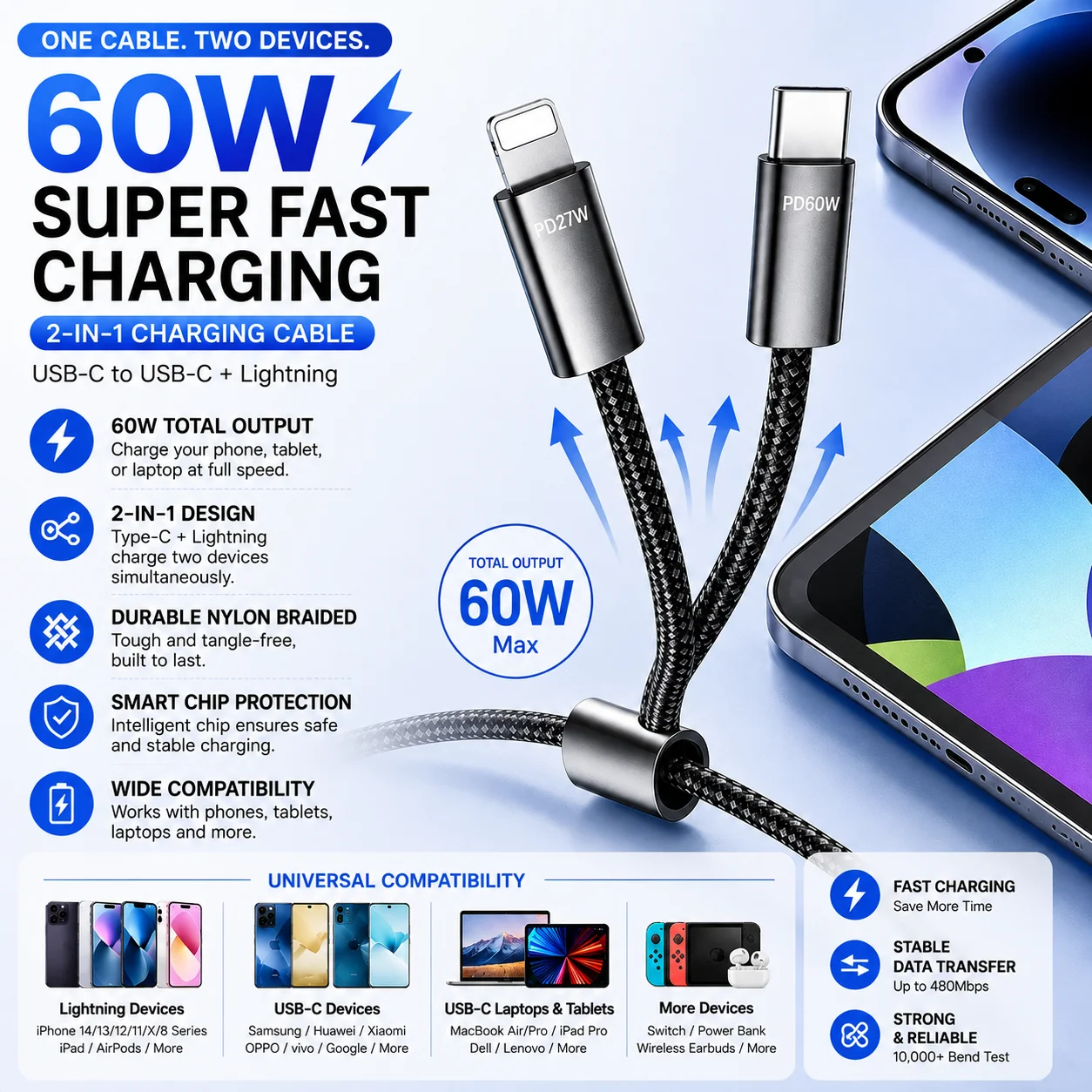 Zicore 60W 2 in 1 USB C Cable PD Fast Charging Type C Lightning Braided Dual Device Charger Cable For iPhone Laptop