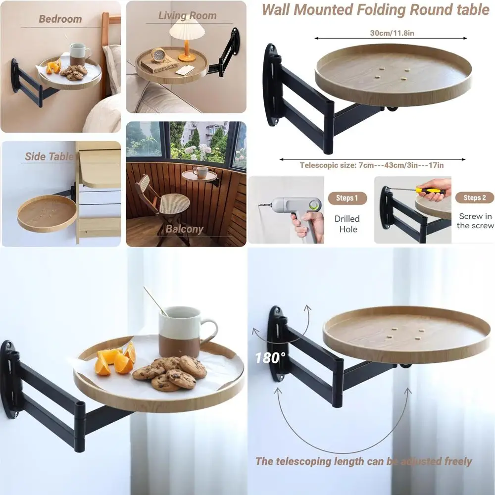 

Compact Wall-Mounted Round Desk with Retractable Shelf in White Oak for Bedroom and Living Room (11.8)