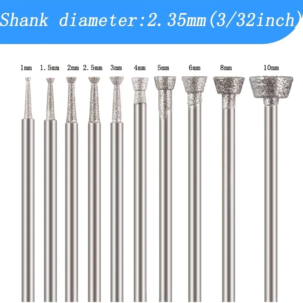 10 Pcs Inverted Trapezoidal Shape Diamond Burr Set, 3/32'' Shank Diamond Mounted Stone Carving Bits for Rotary Tools