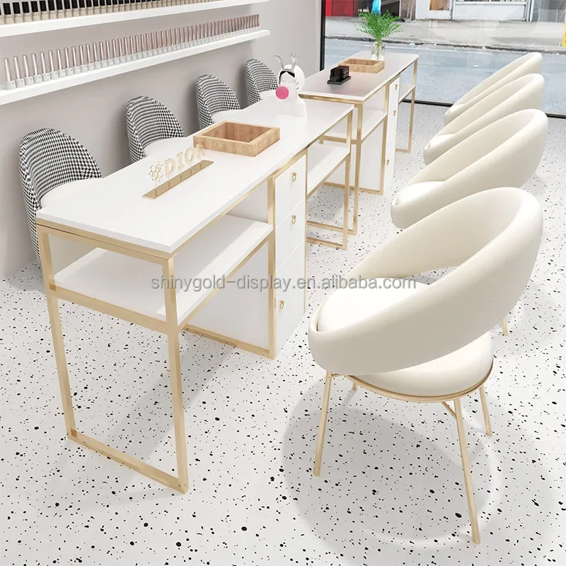 Wholesale Beauty Salon Furniture Package Nail Bar Desk Luxury Tufted Manicure Table Metal Iron Manicure Table with Drawers Chair