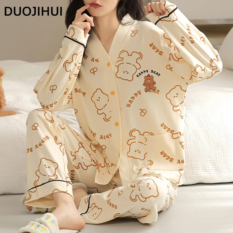 DUOJIHUI Two Piece New Pure Color Women's Pajamas Set V-neck Cardigan Basic Pant Fashion with Chest Pad Casual Pajamas for Women