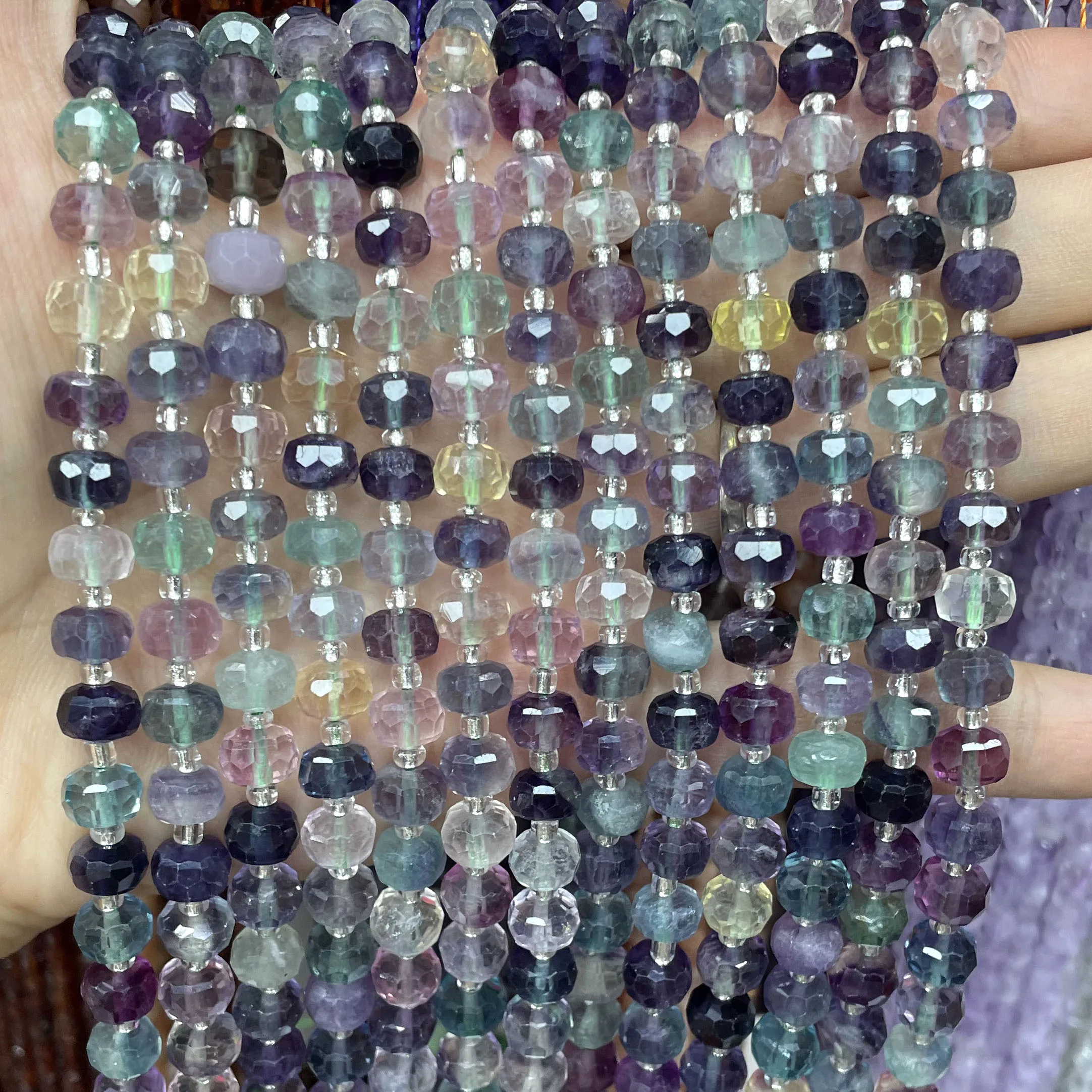 6X8MM Naturstein Facettierte Rundperlen aus lila Fluorit, lose Perlen für Schmuckherstellung, DIY Armband- und Halskettenzubehör – Detail 2