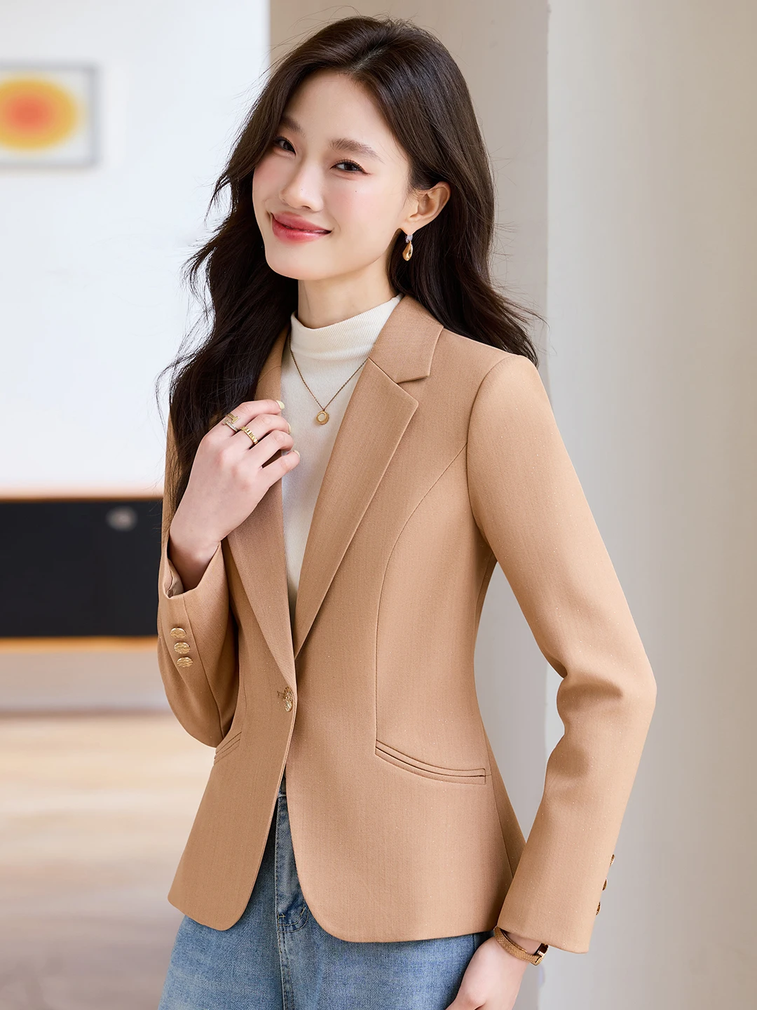 Red Shiny Women's Suit Jacket Casual Fashionable Spring Autumn High-End Feel Little Size Western Style Commute Polyester Fiber